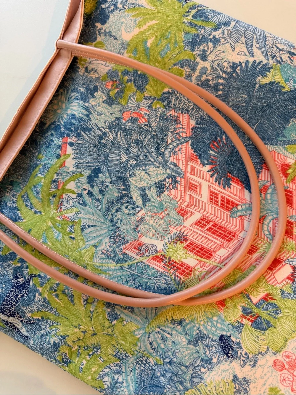 Tropical Scene Canvas Tote in Blue and Pink